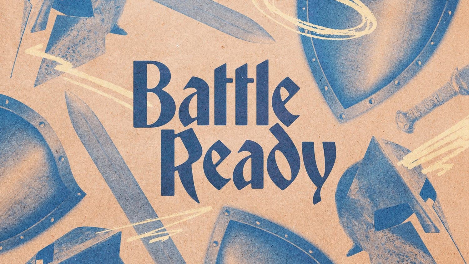 A sermon title slide reading BATTLE READY in blue and tan serif type on tan background with medieval armor and sword illustrations.