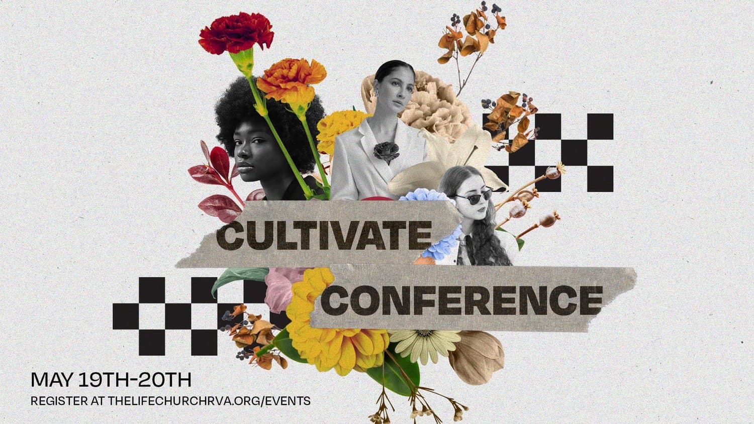 A CULTIVATE CONFERENCE promo for May 19-20 with women's photographs, colourful florals, and geometric elements on cream background.