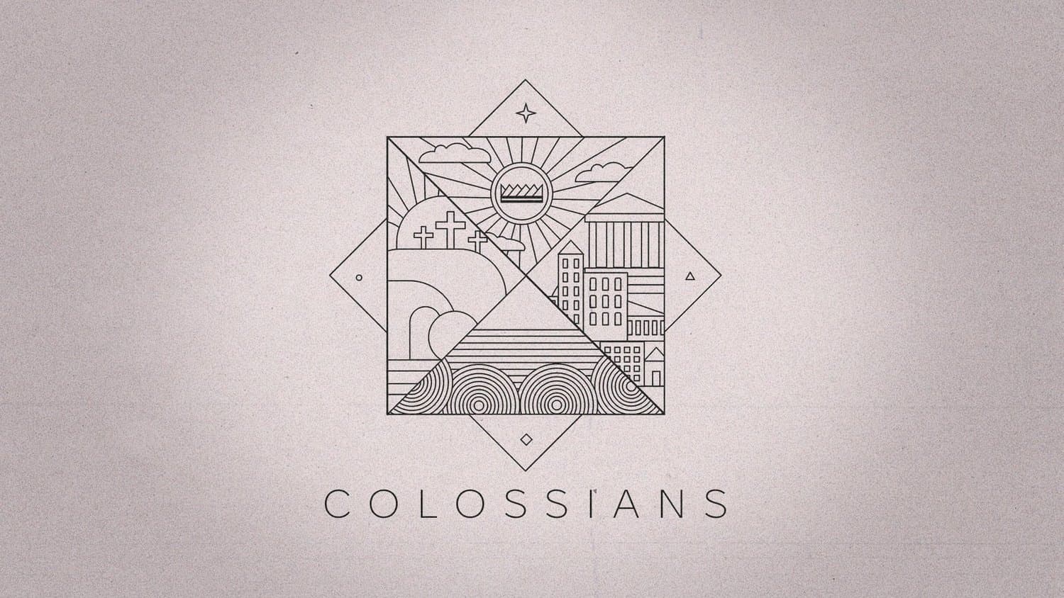 A sermon title slide reading COLOSSIANS in light line-drawn iconography in tan, with geometric frame and bullet points.