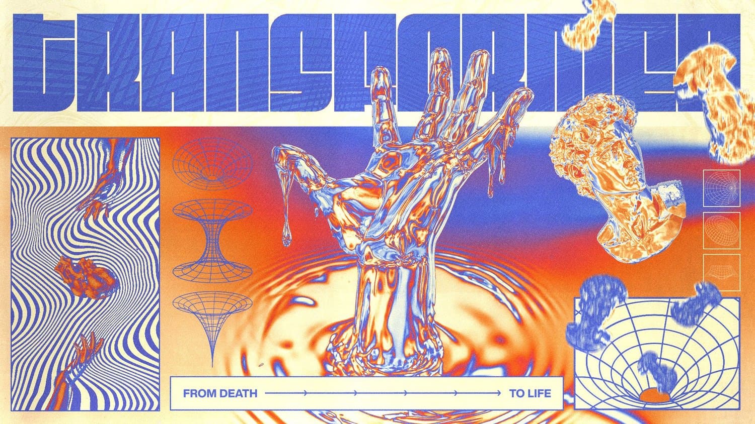 A sermon title slide reading TRANSFORMER in blue distorted type, with a dripping liquid hand image, orange gradient, and a From Death To Life subtitle banner.