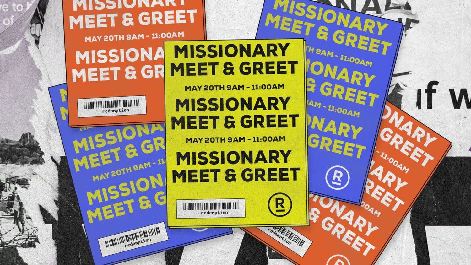 Missionary Meet and Greet event graphics in orange, lime, and blue sticker-style banners with barcode elements, May 20 9am-11am.
