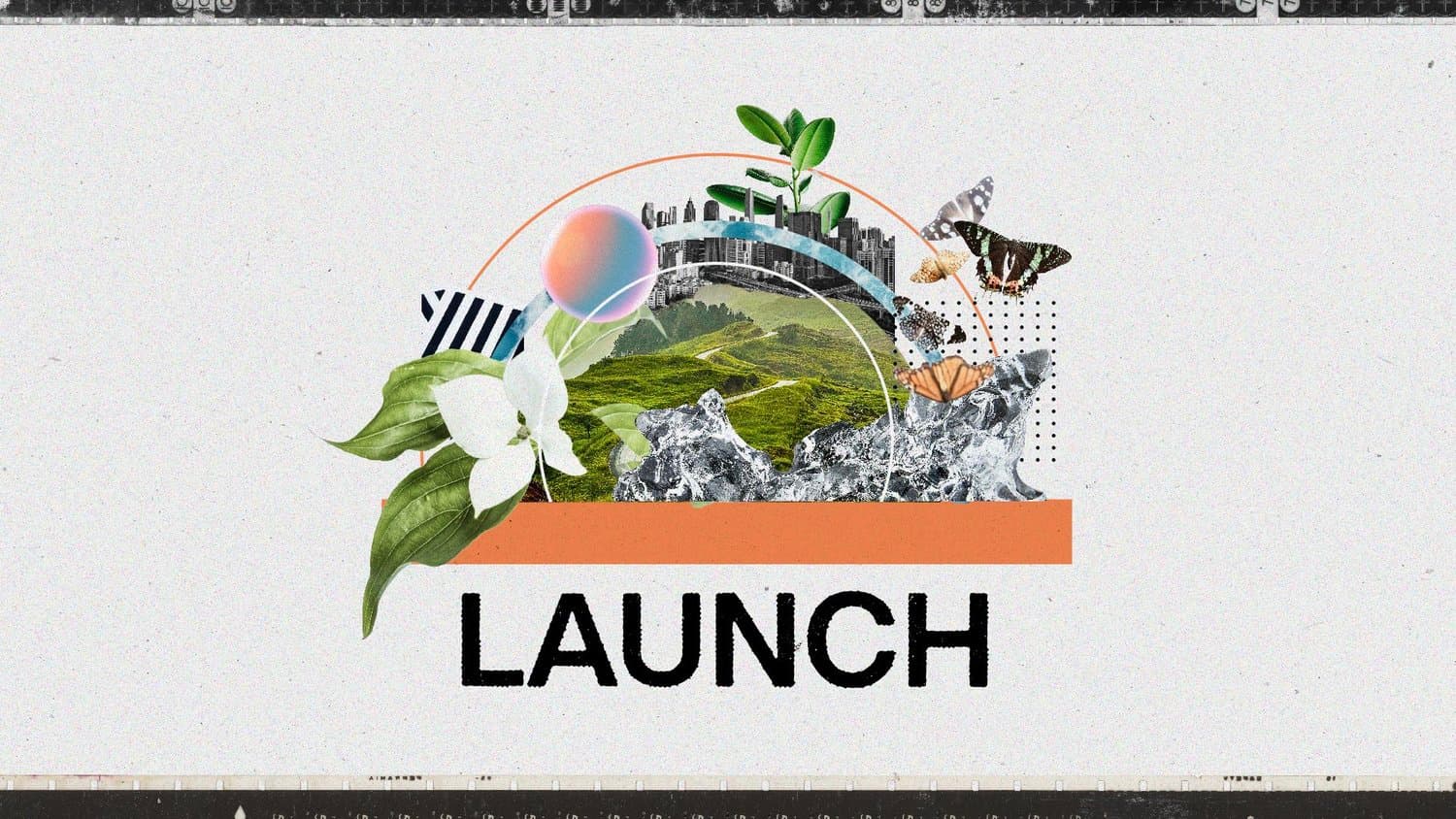 A sermon title slide reading LAUNCH with nature collage of landscape, white flower, green plant, and orange brush stroke on cream background.