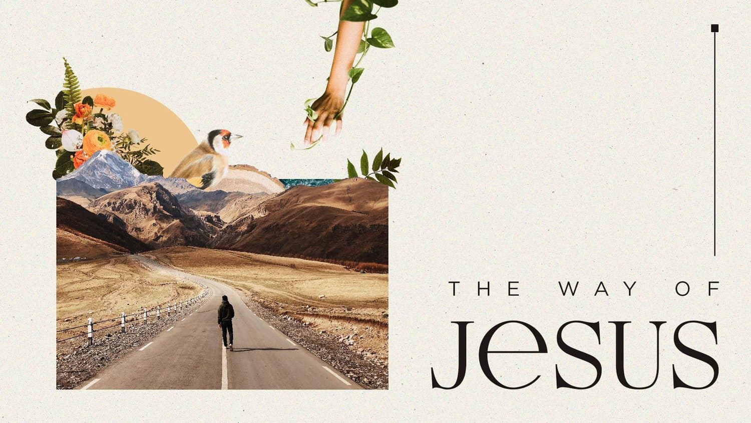 A sermon title slide reading THE WAY OF JESUS with serif type, mountain road and wildflower photo, hands planting a seedling, and gold leaf accent.