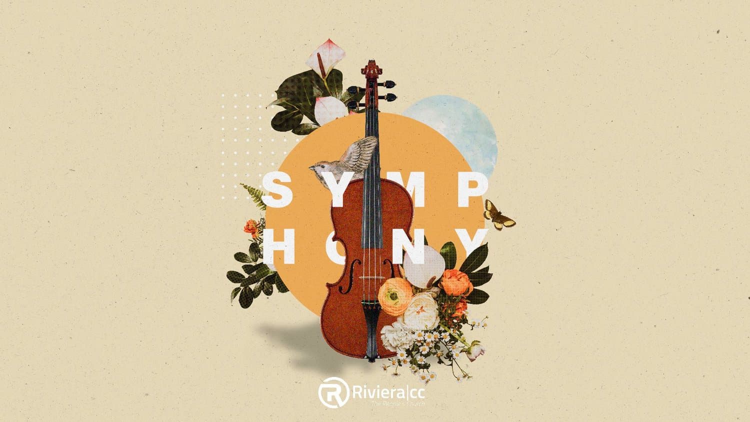 A sermon title slide reading SYMPHONY in white sans-serif type with violin instrument, botanical flowers, and yellow circle accent on cream background.