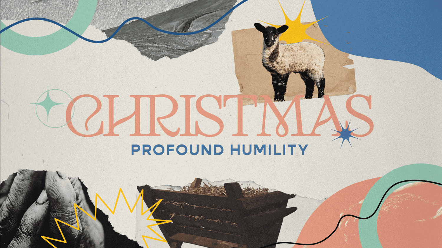 A Christmas title slide reading CHRISTMAS PROFOUND HUMILITY in coral script and blue sans-serif type with collage of lamb, nativity elements, and gold accents.