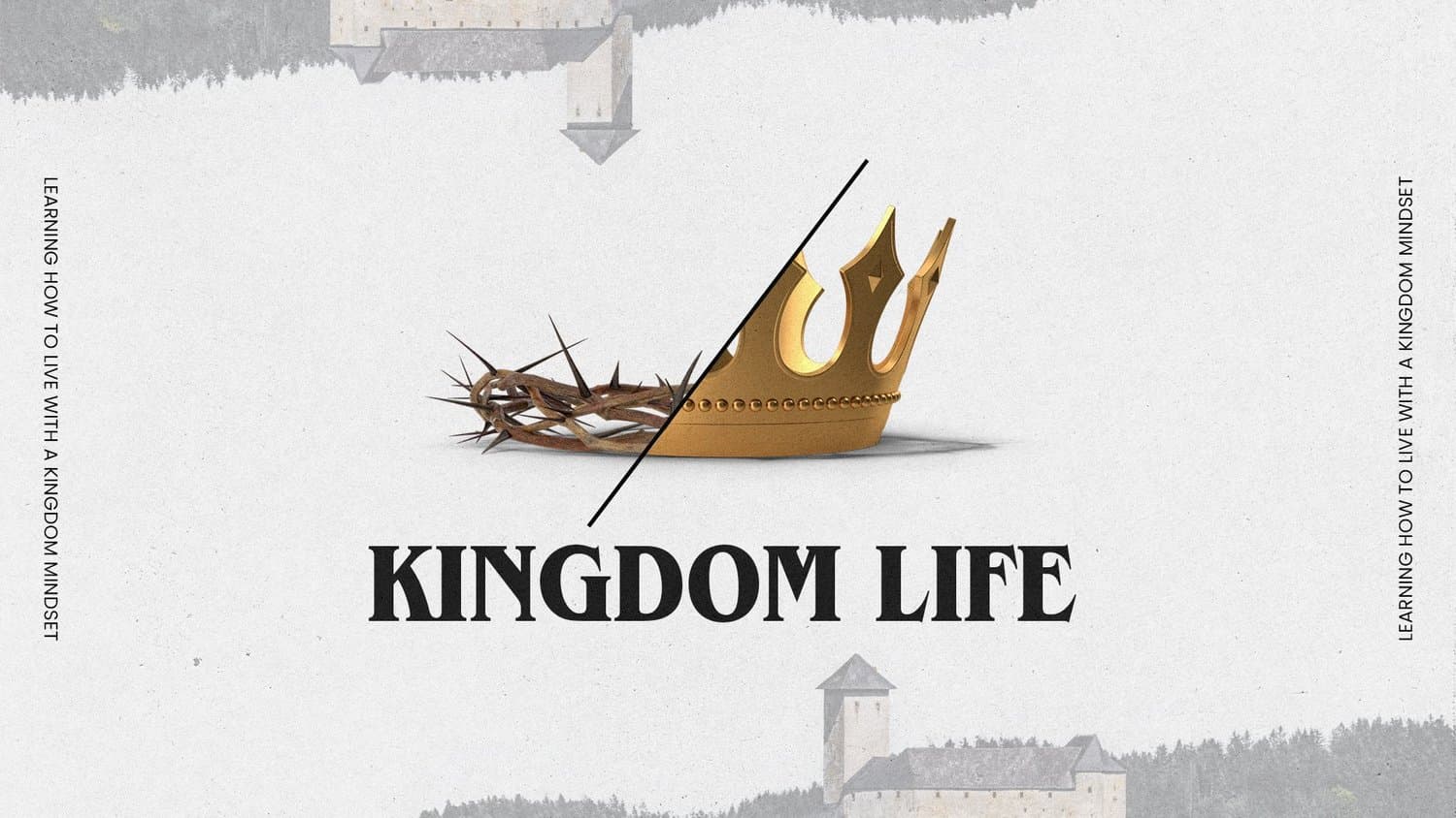 A sermon title slide reading KINGDOM LIFE in black serif type with a gold crown overlaid by a white cross and thorn crown, on cream textured background.