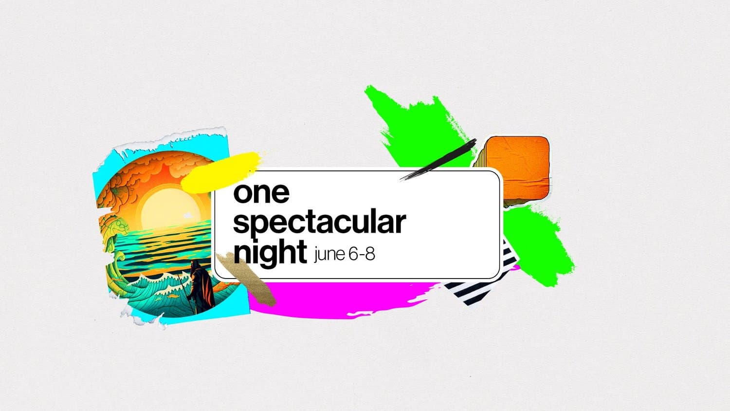 A sermon title slide reading ONE SPECTACULAR NIGHT JUNE 6-8 with colourful surreal illustration of sunset, geometric shapes, and playful graphics.