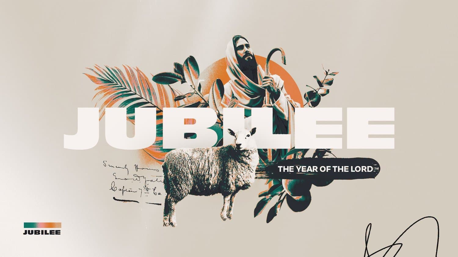 A sermon title slide reading JUBILEE THE YEAR OF THE LORD with white serif type over collaged sheep and botanical elements on cream background.