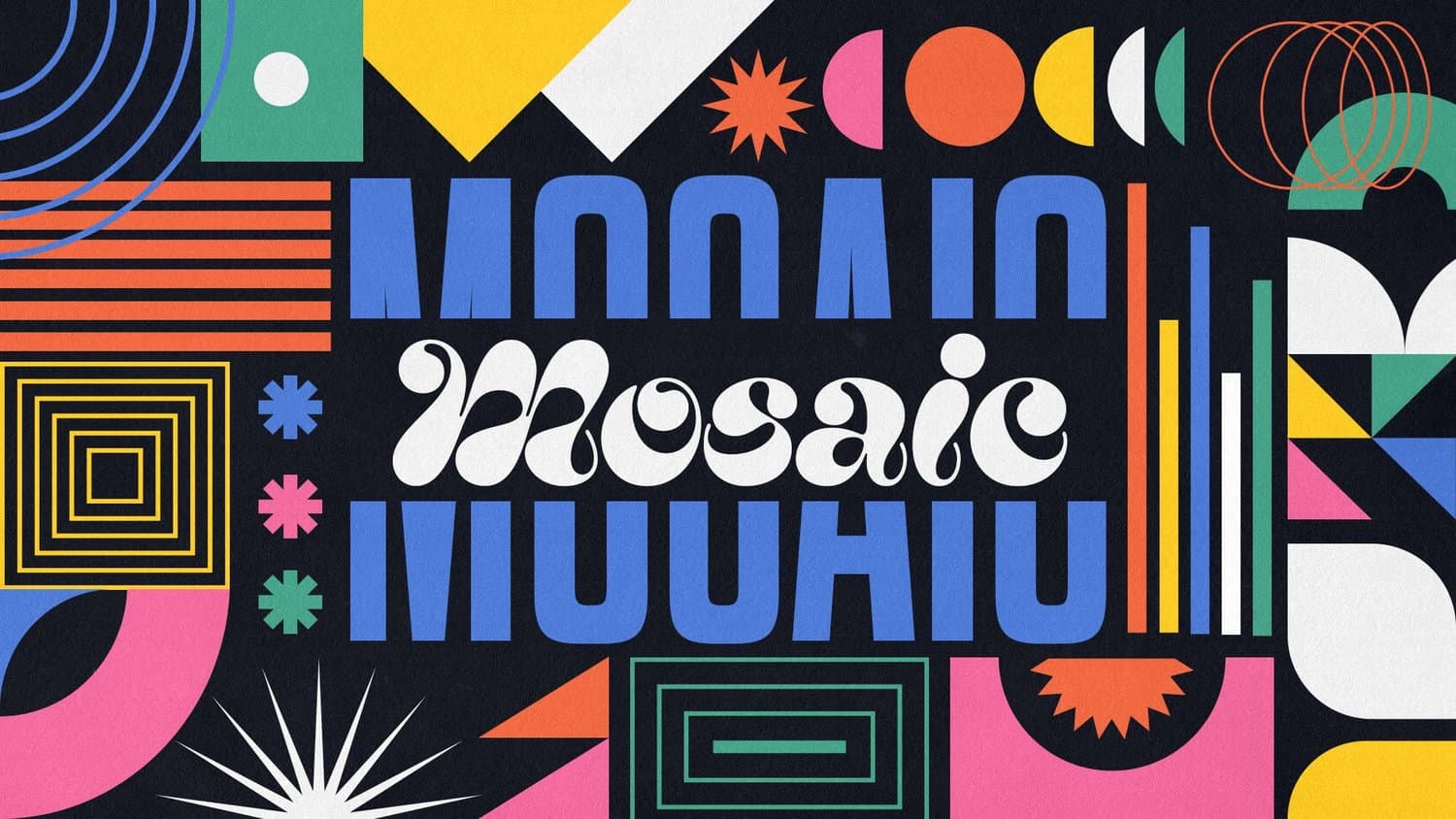 A sermon title slide reading MOSAIC in white script over blocky blue letters, on black with scattered geometric shapes in pink, yellow and green.