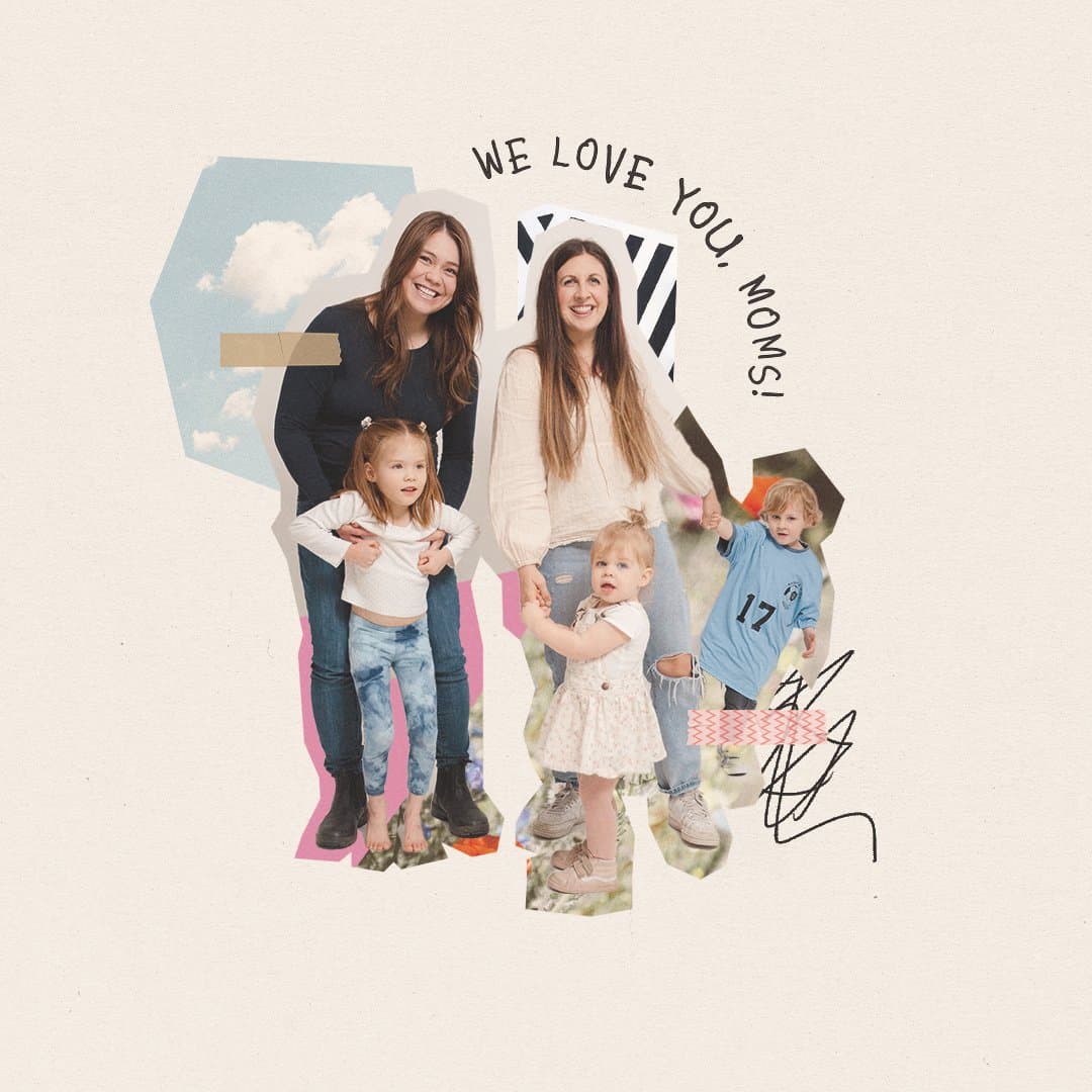 A cream Mother's Day social post reading WE LOVE YOU, MOMS! in a curved handwritten line, over a cutout collage of two moms with their young children on paper shapes and washi tape.