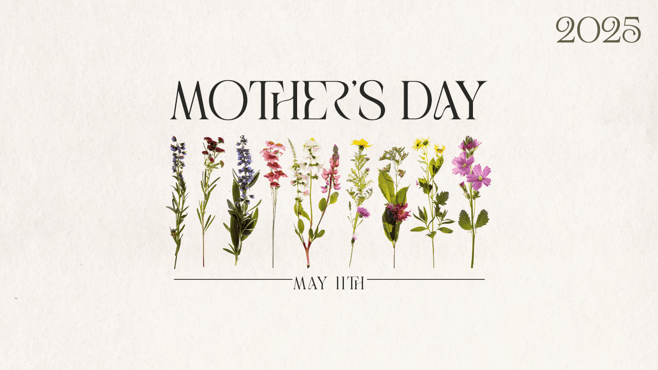 A cream Mother's Day slide with the title in thin black display serif above a row of ten pressed wildflower stems, ruled with MAY 11TH and 2025 in the corner.