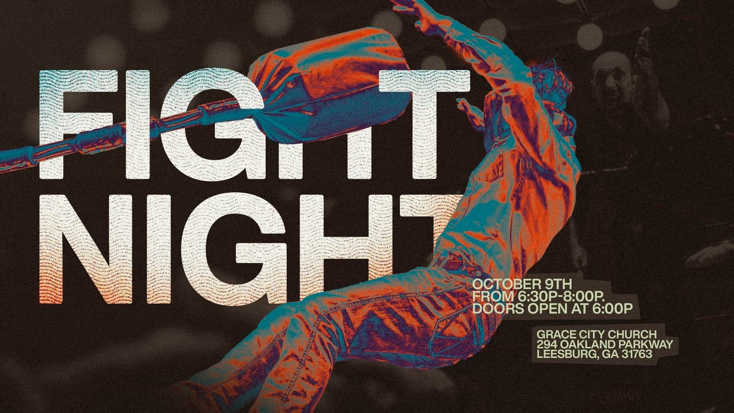 A flyer reading FIGHT NIGHT in large white letters with a multicolored arm graphic in blue, orange and red, event date October 9th 6:30p-8:00p, Grace City Church location.