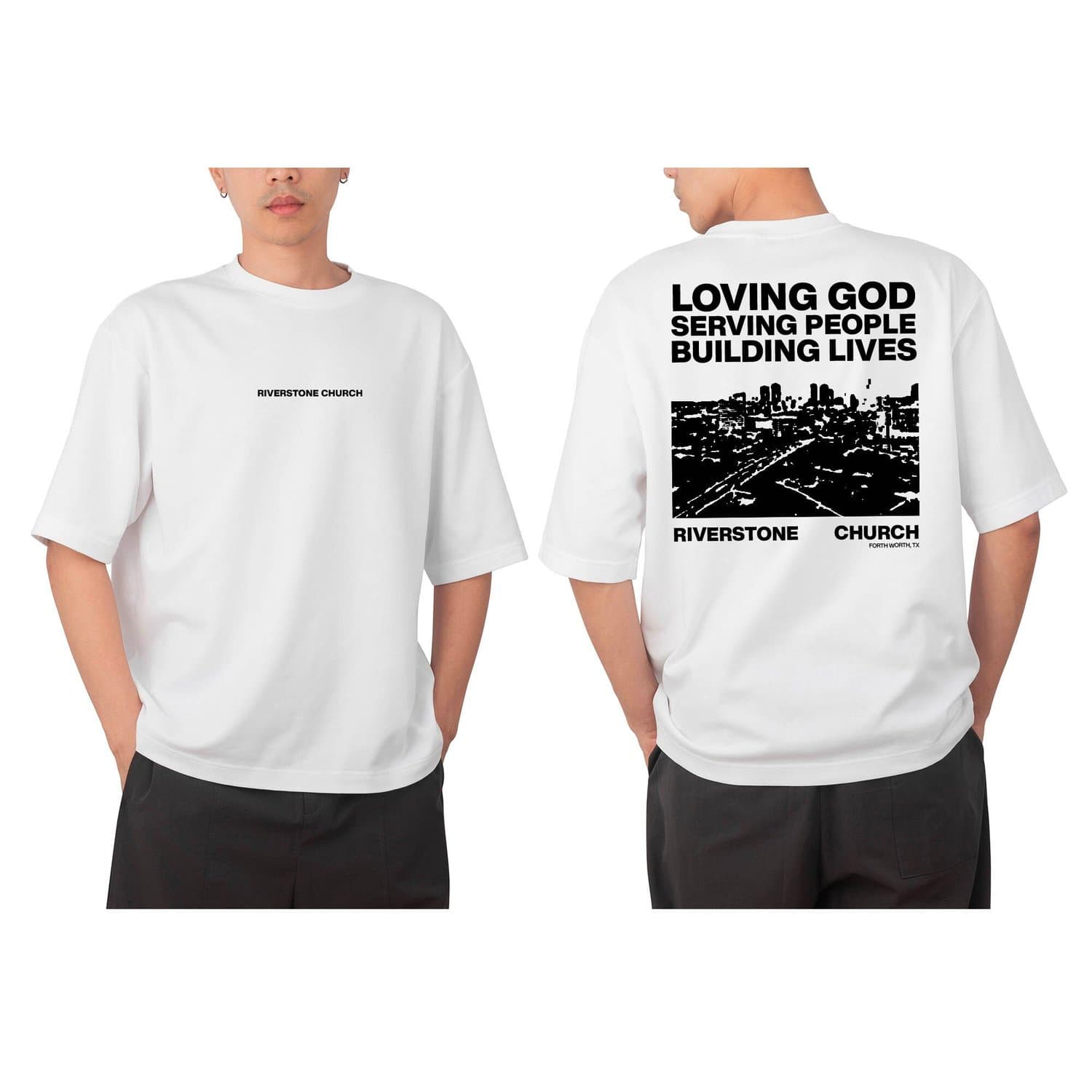A merchandise mockup showing a white t-shirt front and back, front reading RIVERSTONE CHURCH and back reading LOVING GOD SERVING PEOPLE BUILDING LIVES with city skyline graphic.
