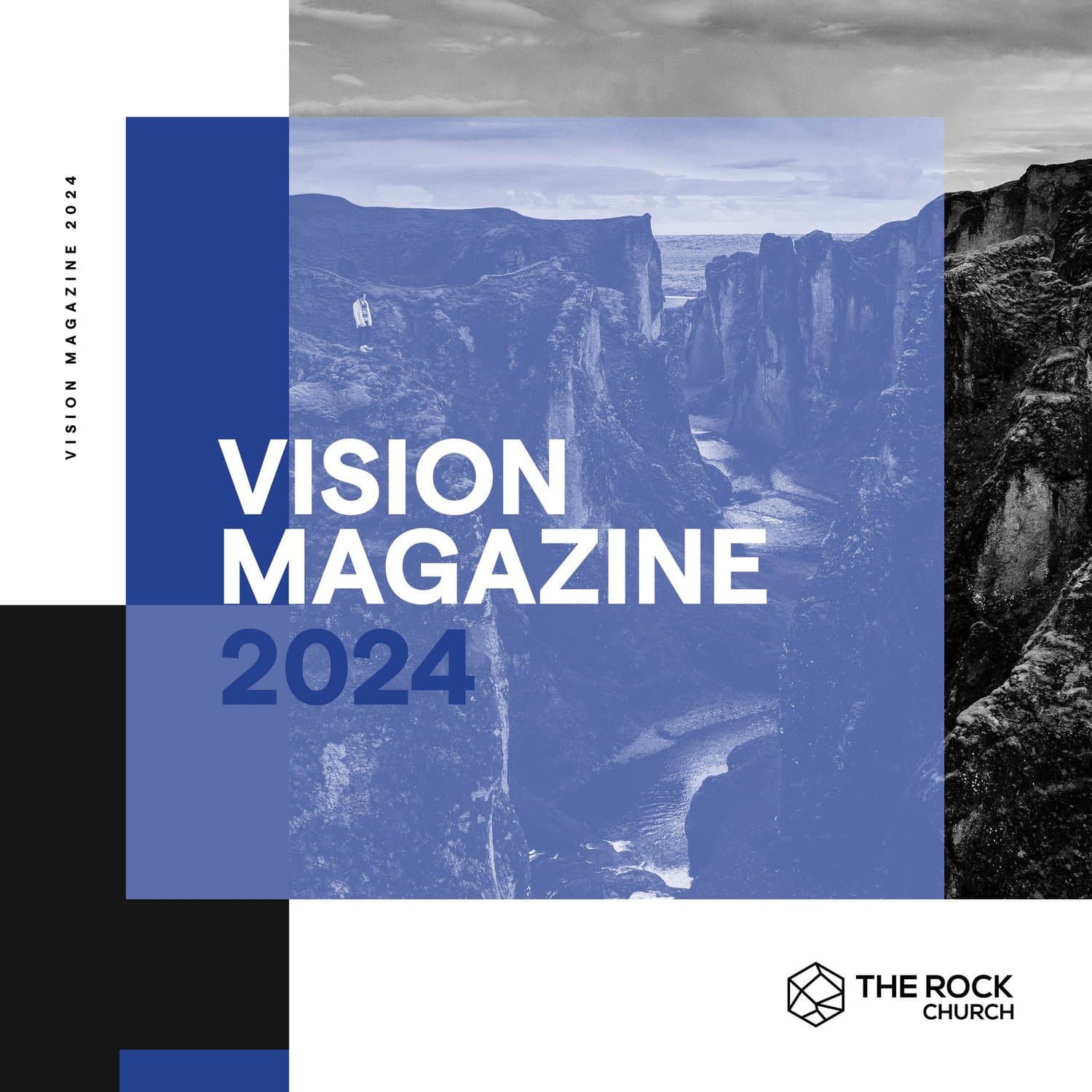 A sermon title slide reading VISION MAGAZINE 2024 in white sans-serif over a photograph of misty canyon cliffs, with geometric blocks in dark blue, black and white framing the image.