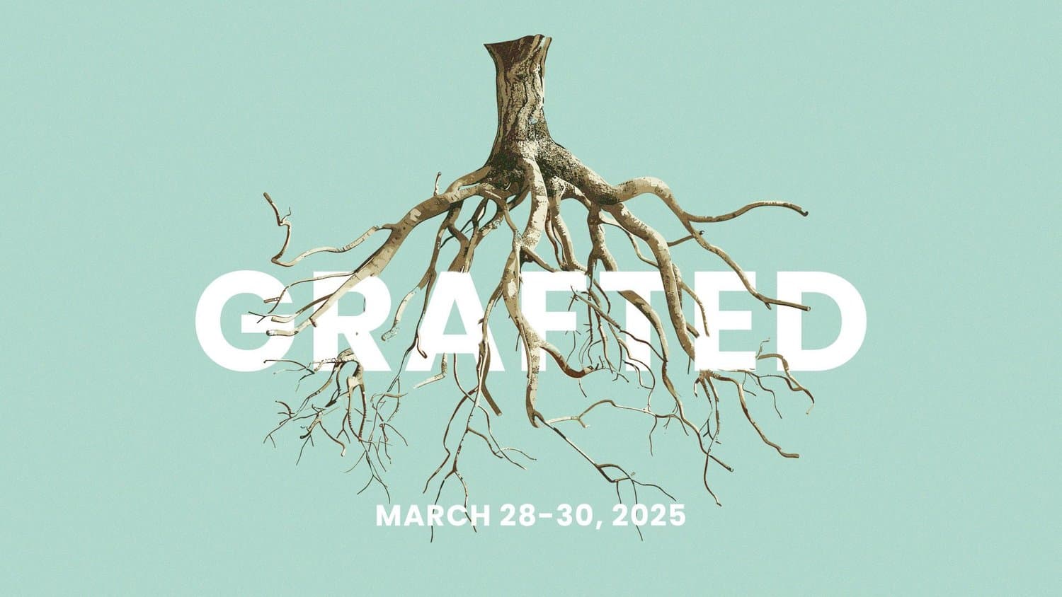 A sermon title slide reading GRAFTED in white sans-serif over an illustration of an uprooted tree with tangled roots, on mint green background with event dates MARCH 28-30, 2025.