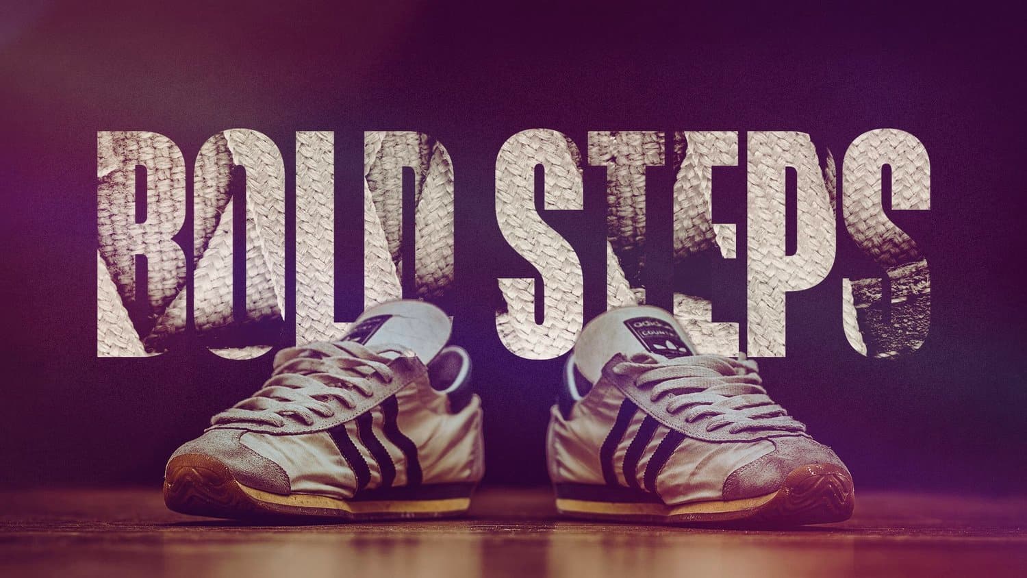 A sermon title slide reading BOLD STEPS in large distressed white sans-serif over a dark purple background with a pair of worn retro sneakers.