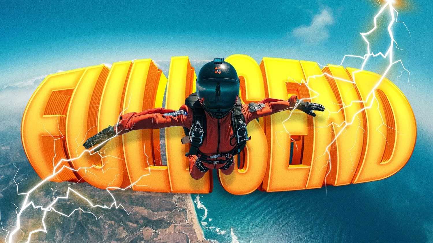 A sermon title slide reading FULL SEND in large yellow 3D sans-serif with a skydiver in red and black gear against a bright blue sky with lightning.