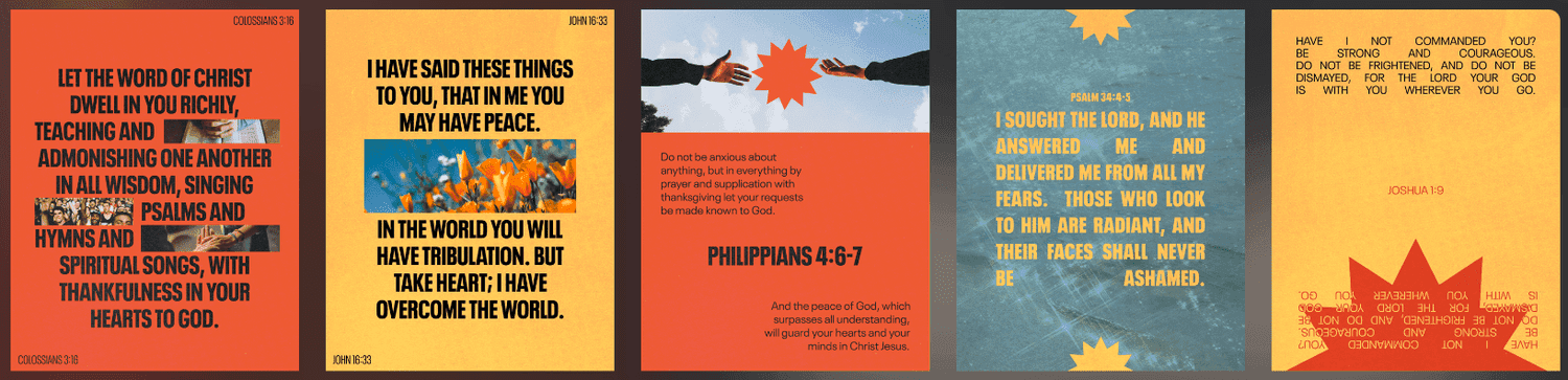 A series of five scripture verse cards in orange, yellow, blue and cream featuring biblical quotes in sans-serif and serif type combinations with colorful backgrounds.