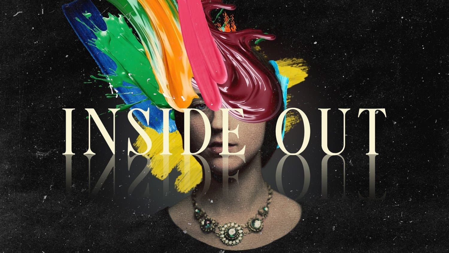 A sermon title slide reading INSIDE OUT in large metallic text with a classical bust sculpture wearing colorful abstract paint strokes above, against dark background.