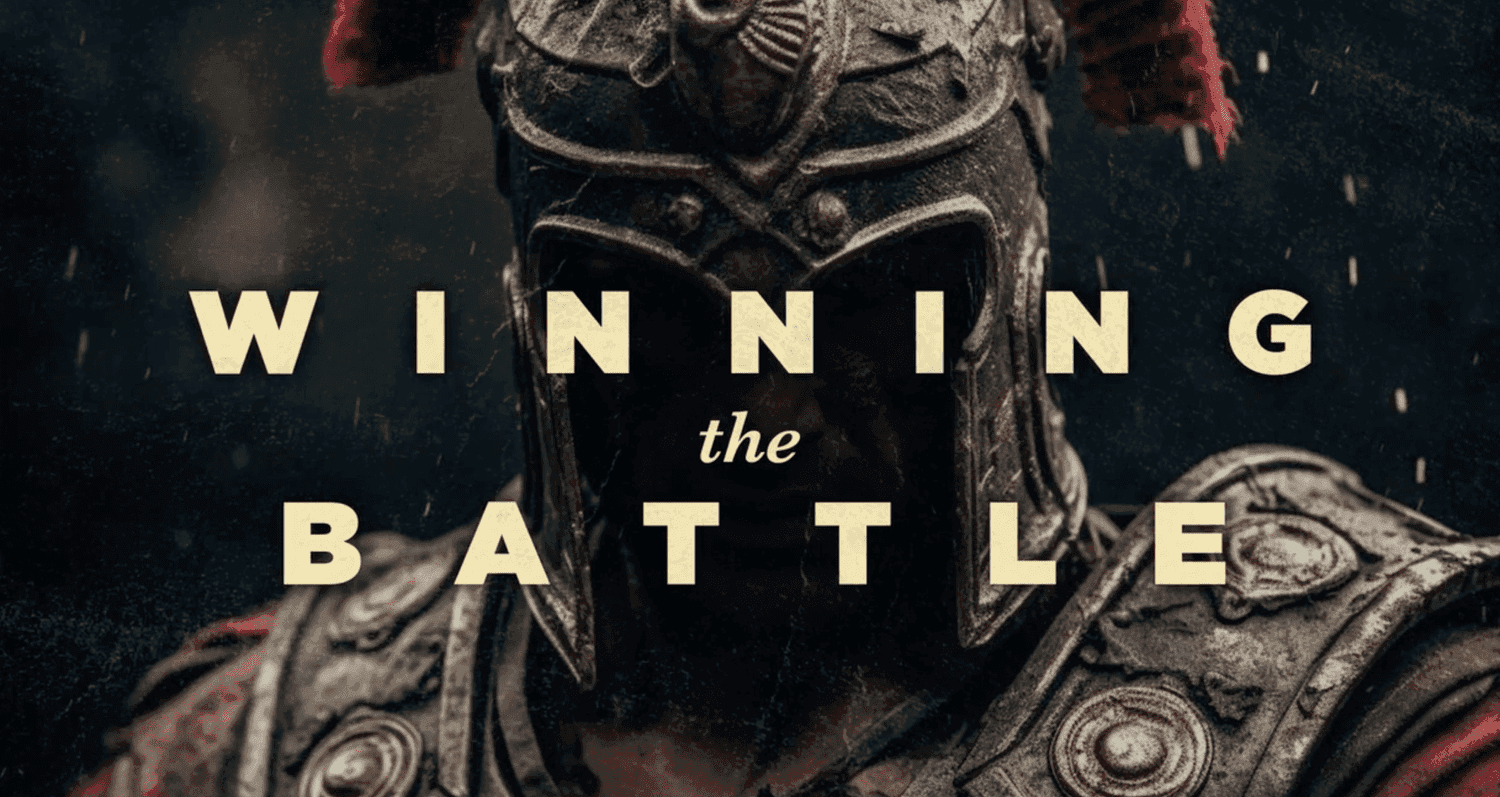 A sermon title slide reading WINNING THE BATTLE in cream serif with weathered texture, layered over ornate armor photography in dark tones with red accents.