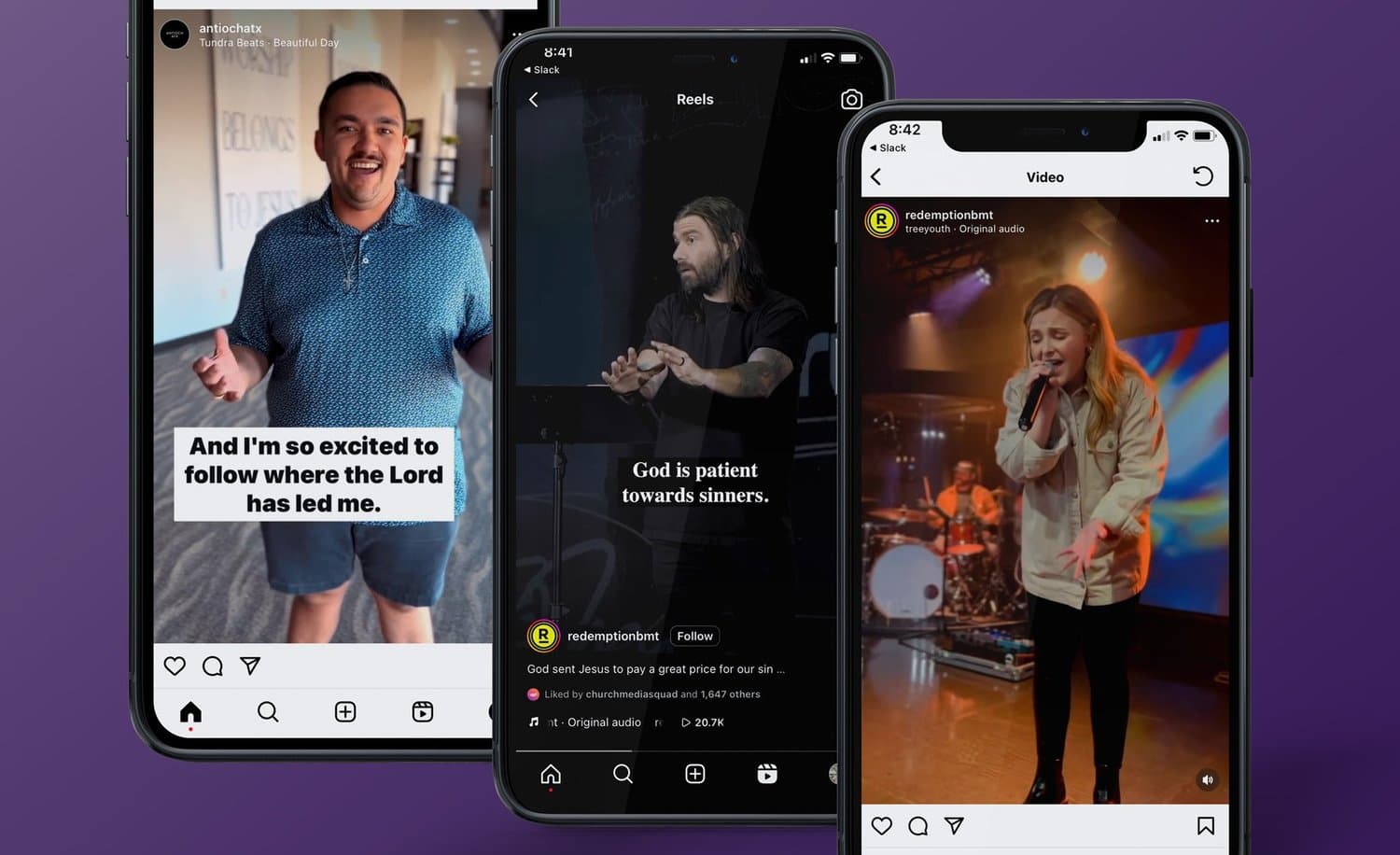 Three phones on purple showing church Instagram Reels, each with burned in captions reading And I'm so excited to follow where the Lord has led me and God is patient towards sinners, plus a worship leader singing on stage.