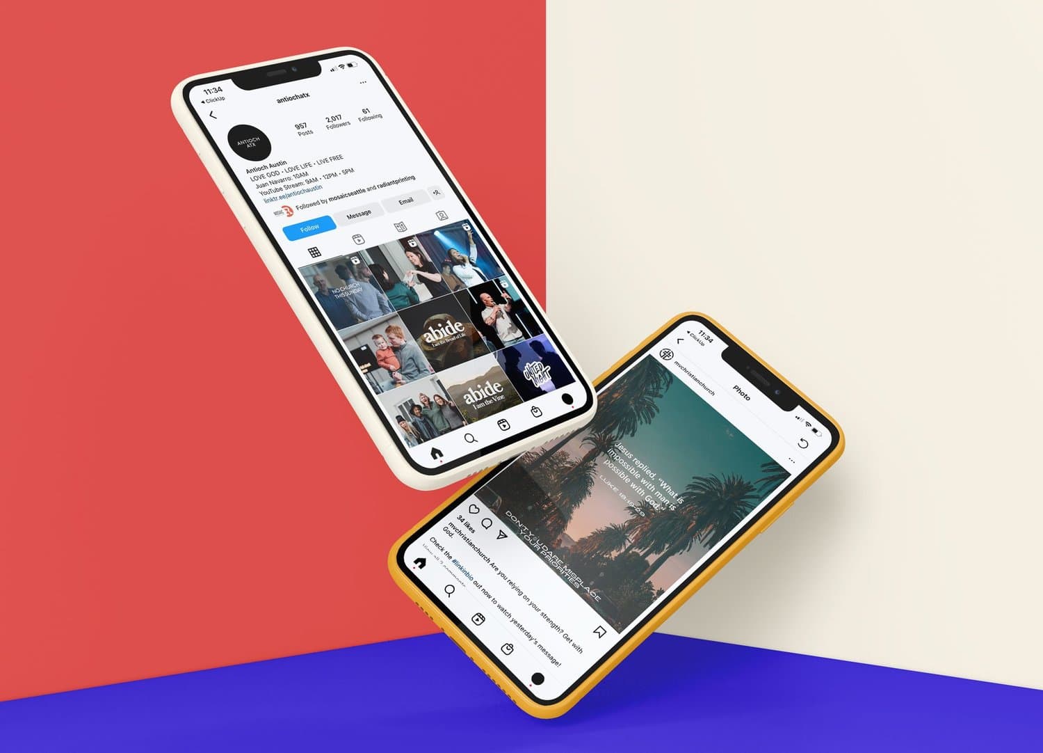 Two phone mockups on red, cream and blue blocks, one showing a church Instagram profile grid and the other a palm tree story post.