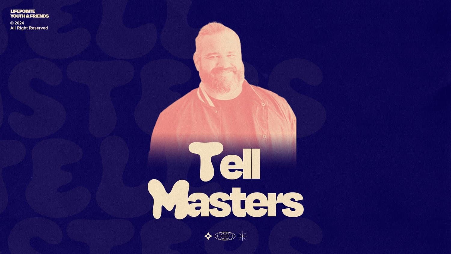 A navy speaker slide reading Tell Masters in cream bubble letters, with a coral duotone photo of a bearded man in a bomber jacket fading into the type.