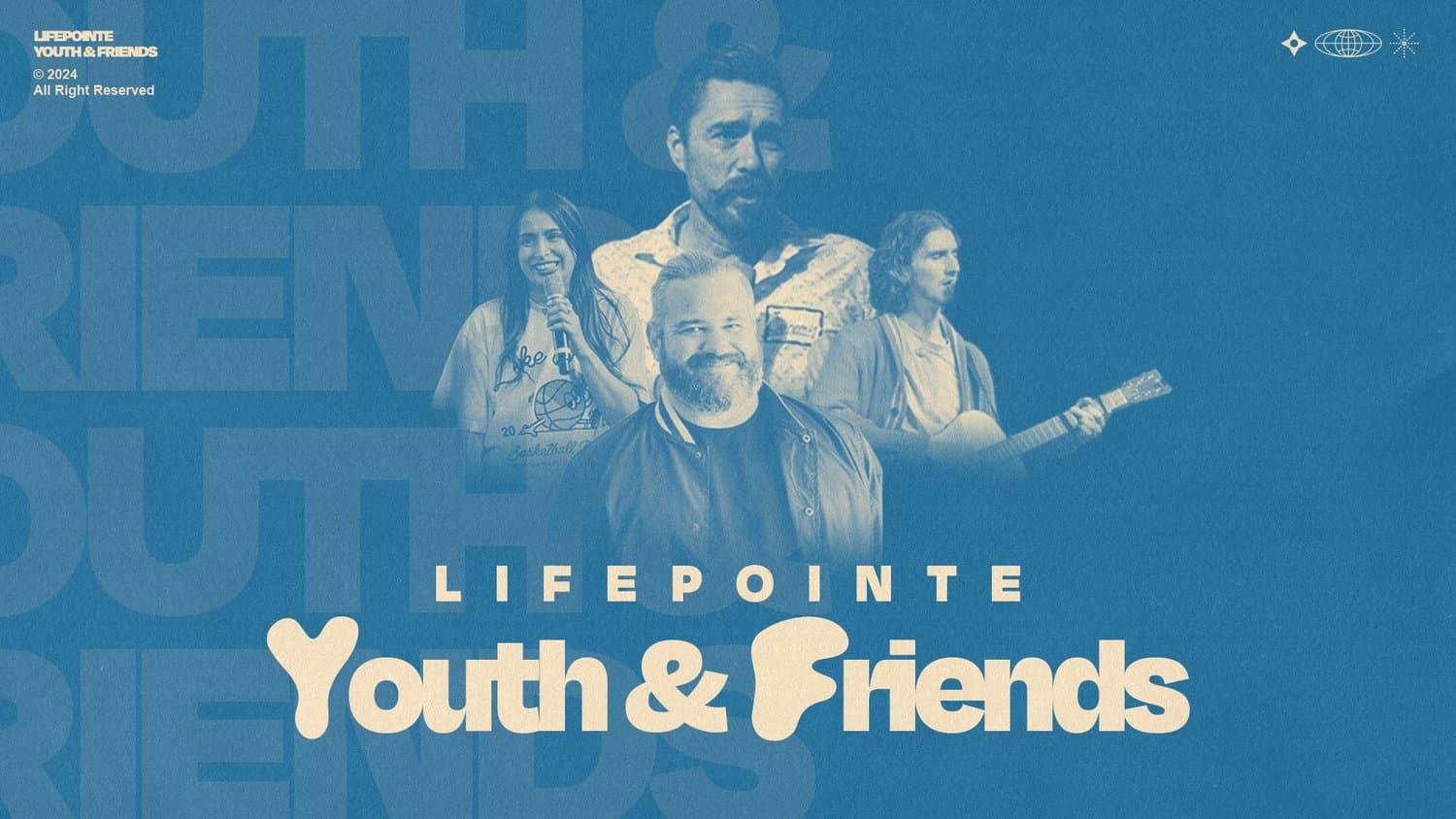 A blue student ministry title slide reading LIFEPOINTE Youth & Friends in cream bubble script, over duotone cutouts of four speakers and musicians with the title repeated as background type.