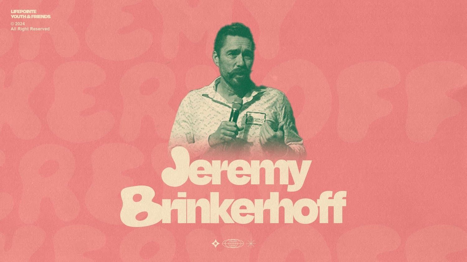 A salmon pink speaker slide reading Jeremy Brinkerhoff in cream bubble script, with a green duotone photo of a man speaking into a handheld microphone.
