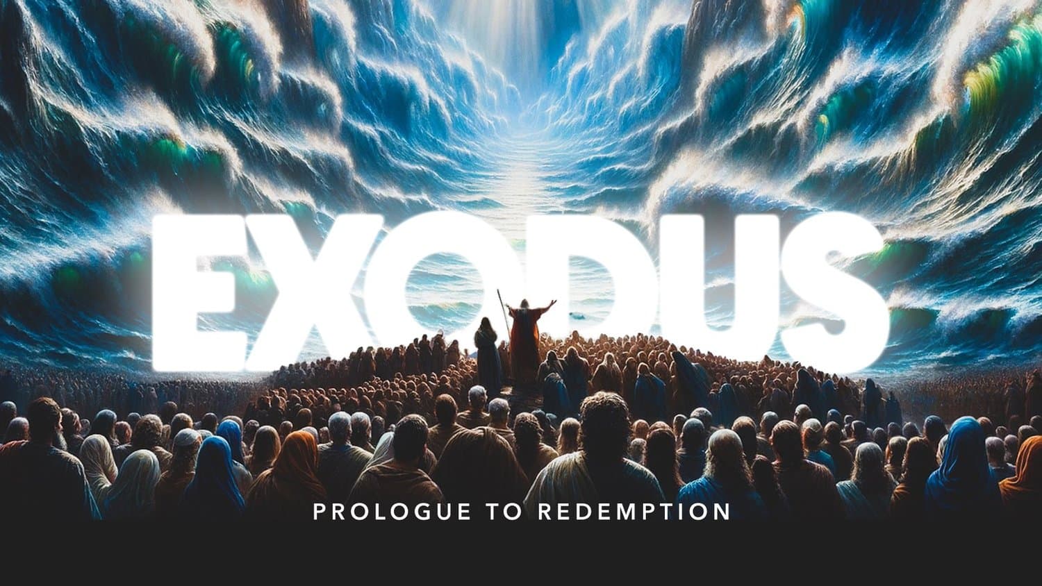 A sermon title slide reading EXODUS in glowing white capitals over an illustrated crowd facing parted walls of blue water, subtitled PROLOGUE TO REDEMPTION.
