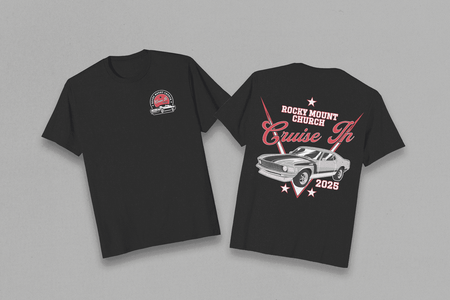 A two sided black tee mockup for a car show, a small chest crest on the front and ROCKY MOUNT CHURCH Cruise In 2025 on the back in red and white with a classic muscle car and lightning bolts.