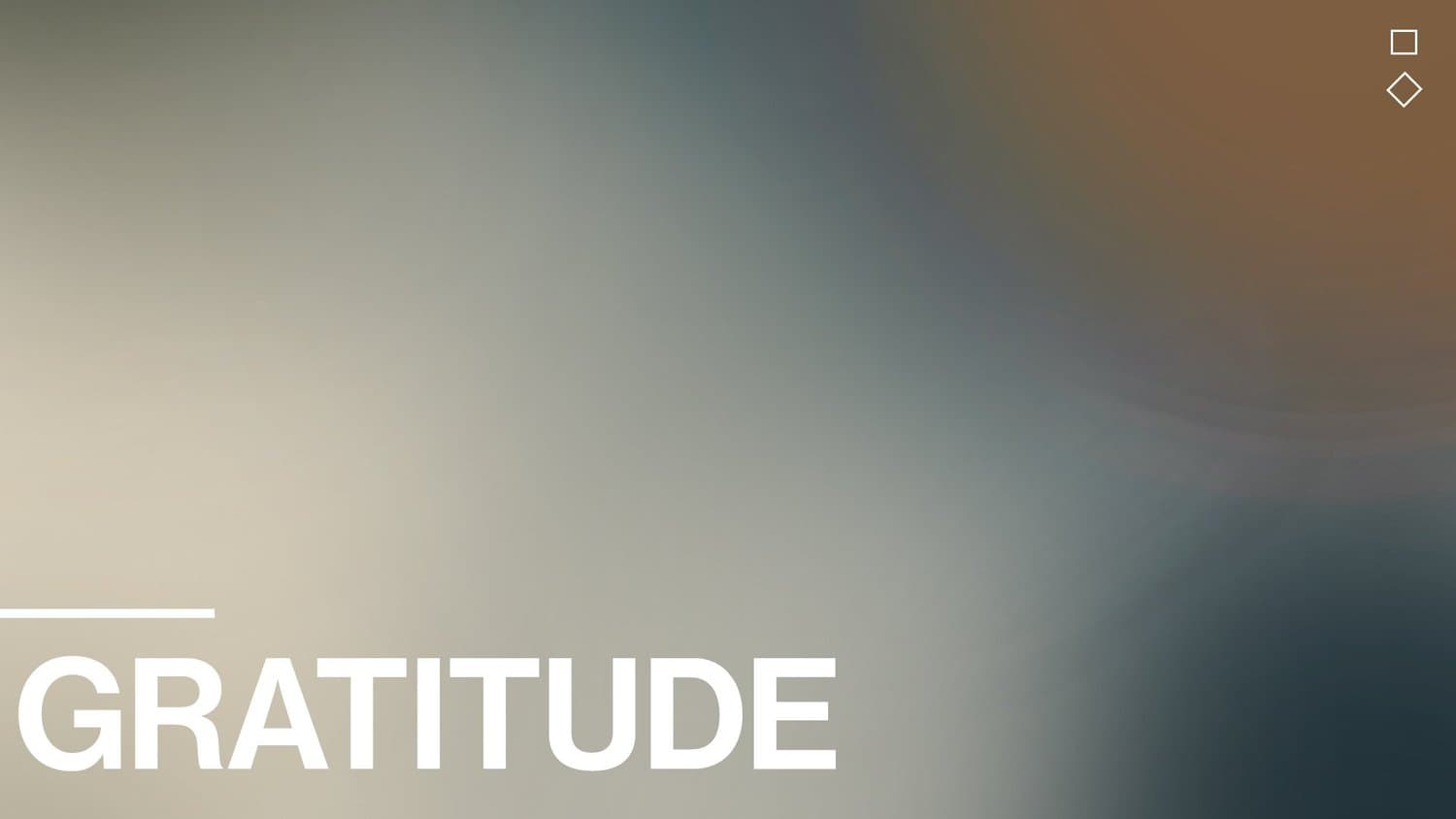 A Thanksgiving sermon slide reading GRATITUDE in white sans capitals at lower left, over a soft blurred gradient of tan, slate blue and rust, with small outline shapes.