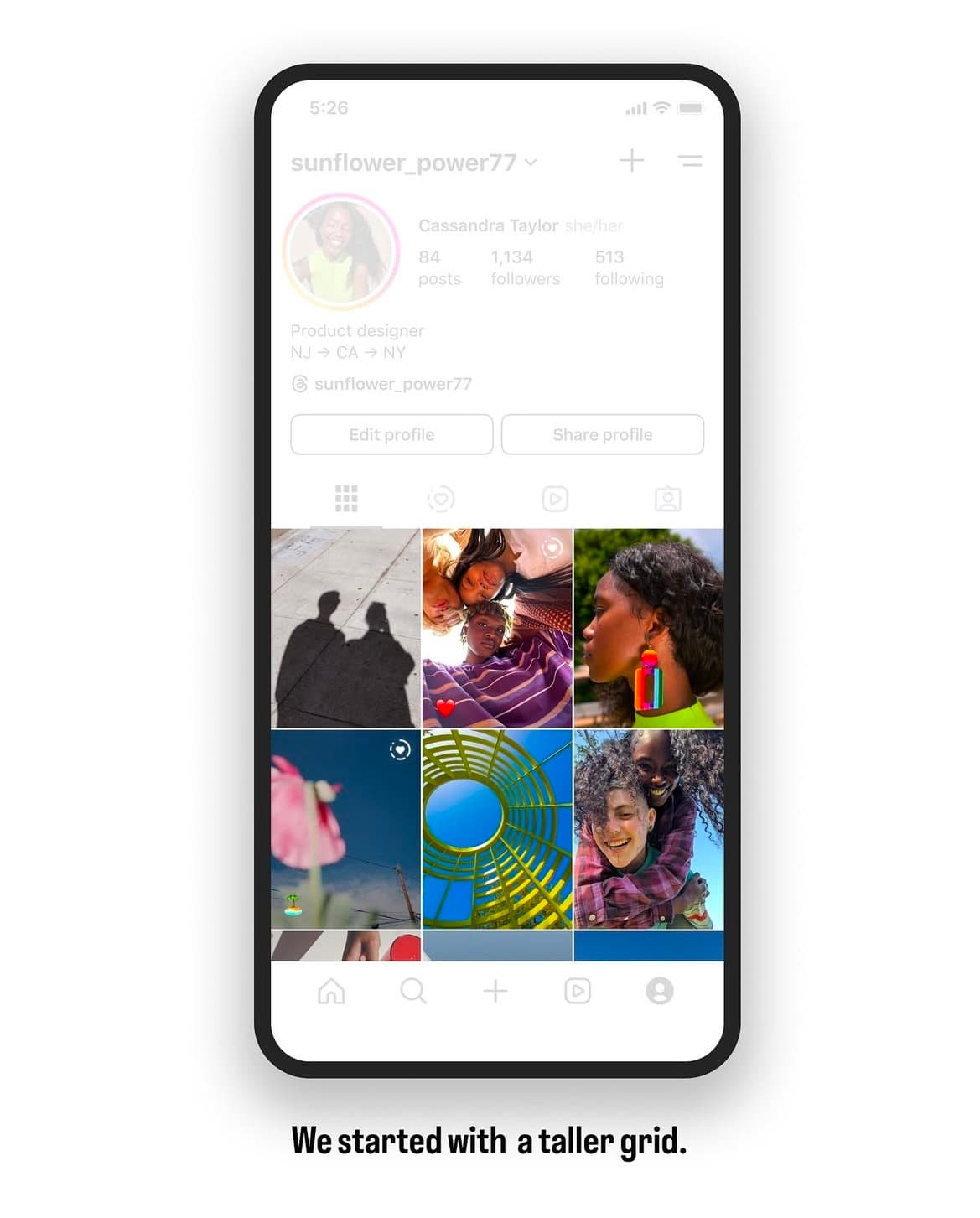A phone mockup of an Instagram profile for sunflower_power77 with a three across grid of taller portrait thumbnails, captioned We started with a taller grid.