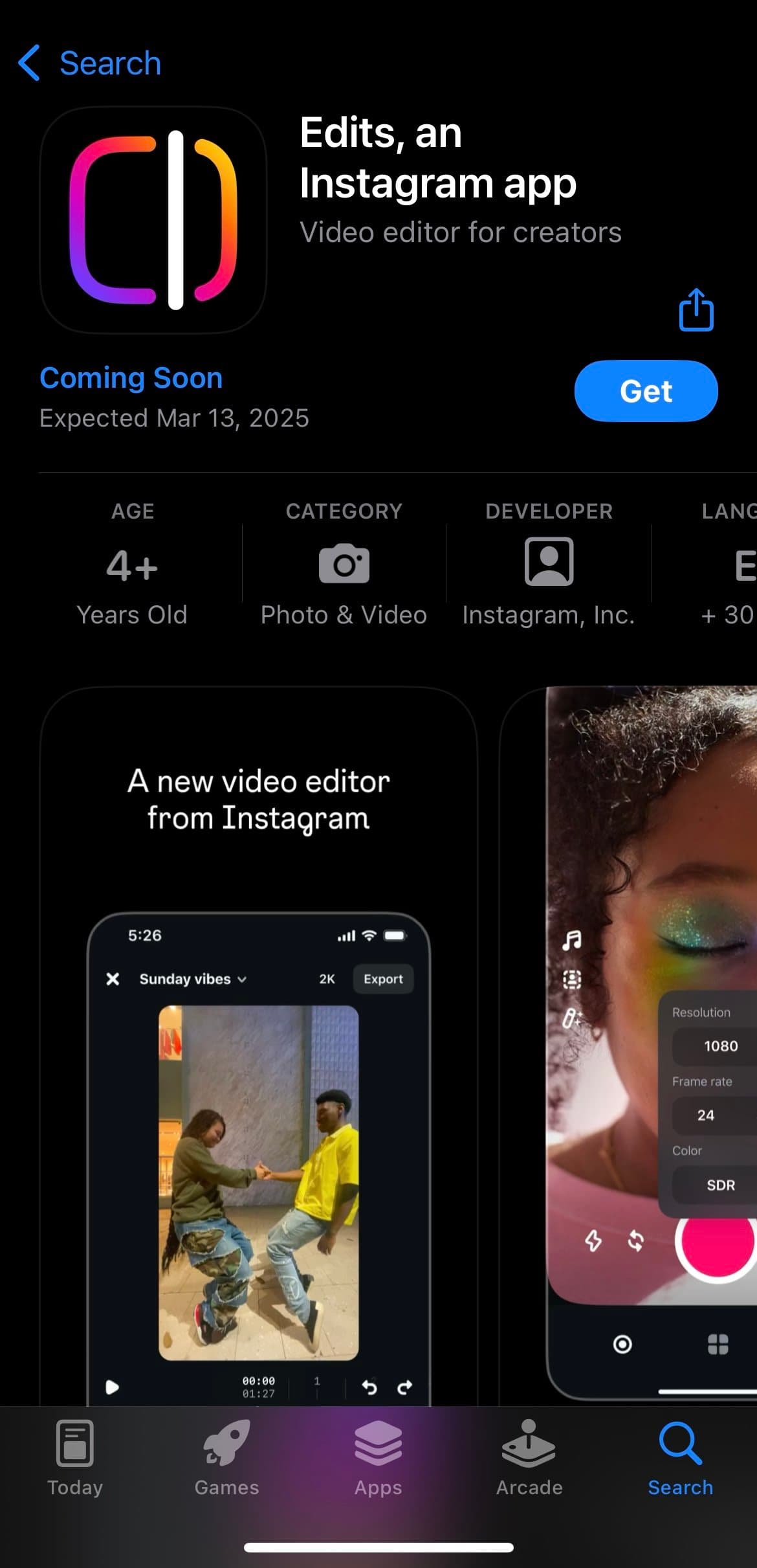 An App Store listing on a black screen for Edits, an Instagram app, subtitled Video editor for creators, marked Coming Soon expected Mar 13, 2025, with screenshots of the editor below.