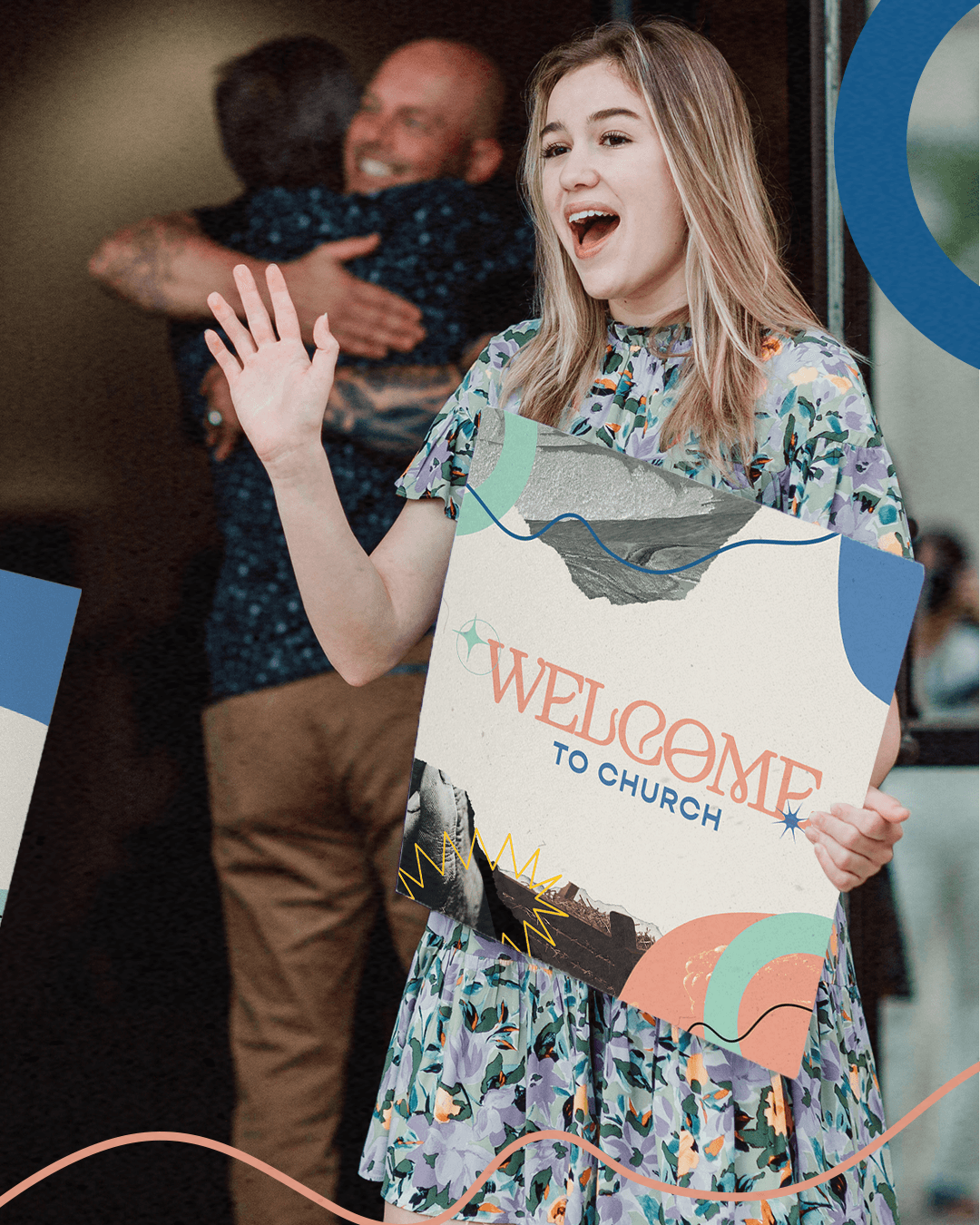 A photograph of a smiling woman in a colorful floral shirt holding a card reading WELCOME TO CHURCH, with people blurred in the background behind her.