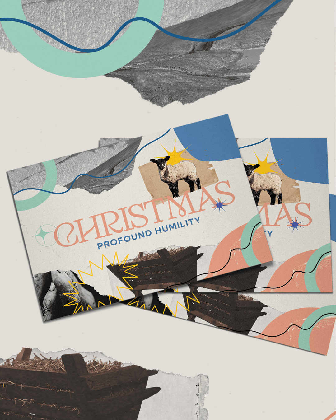 A flat-lay arrangement of printed promotional cards and materials reading CHRISTMAS PROFOUND HUMILITY with illustrated animals, wavy design elements in blue, mint, coral and yellow.
