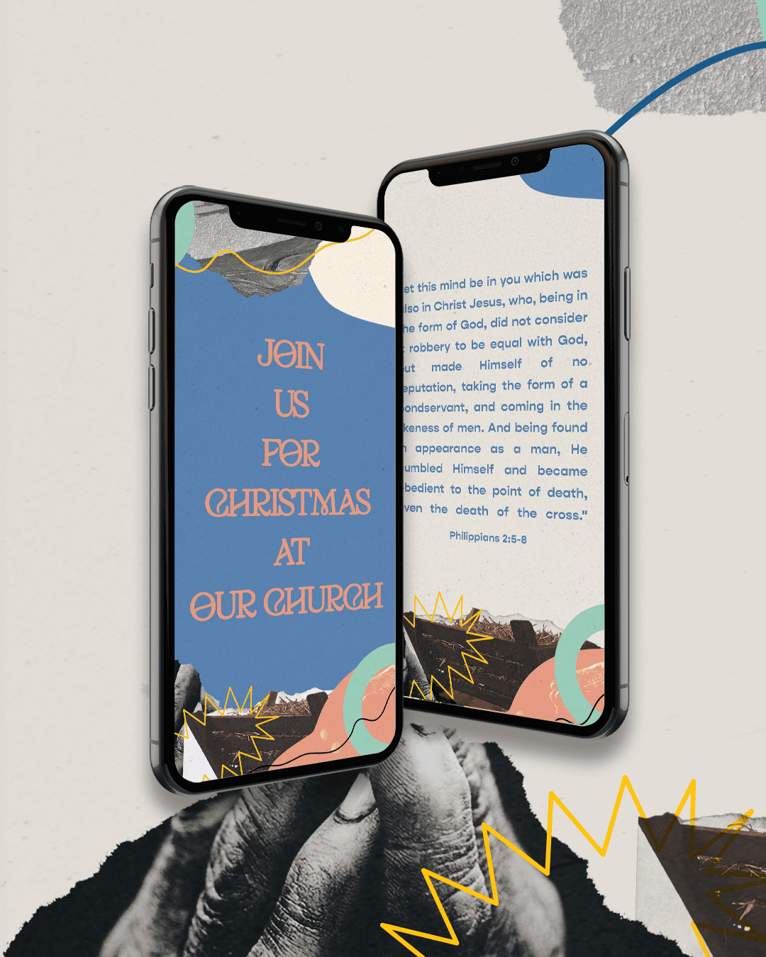 A mockup of two smartphones displaying social media posts reading JOIN US FOR CHRISTMAS AT OUR CHURCH in coral and blue serif, with tropical design elements and Philippians 2:5-8 scripture.