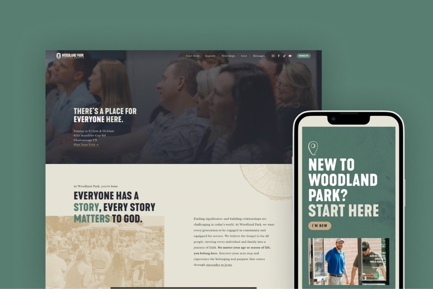 A green and cream church website mockup for Woodland Park Baptist, headlined THERE'S A PLACE FOR EVERYONE HERE over a congregation photo, with a phone showing a NEW TO WOODLAND PARK? START HERE screen.
