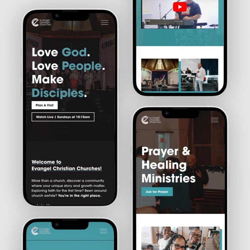 Three phone screens of the Evangel Christian Churches mobile site, led by Love God. Love People. Make Disciples. in white and teal, with Plan A Visit buttons and a Prayer & Healing Ministries page.