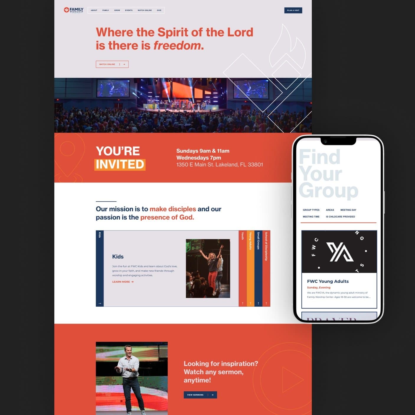 A church website homepage mockup for Family Worship, with an orange scripture headline, a wide auditorium photo, a service times bar and a phone showing a group finder.