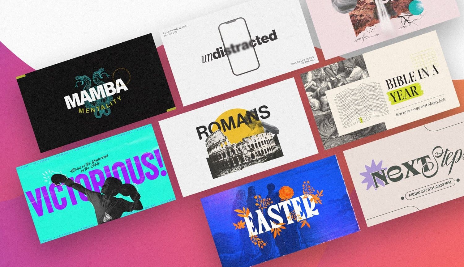 Nine church sermon slides floating on a pink gradient, including MAMBA MENTALITY, undistracted, ROMANS, VICTORIOUS!, EASTER and BIBLE IN A YEAR.