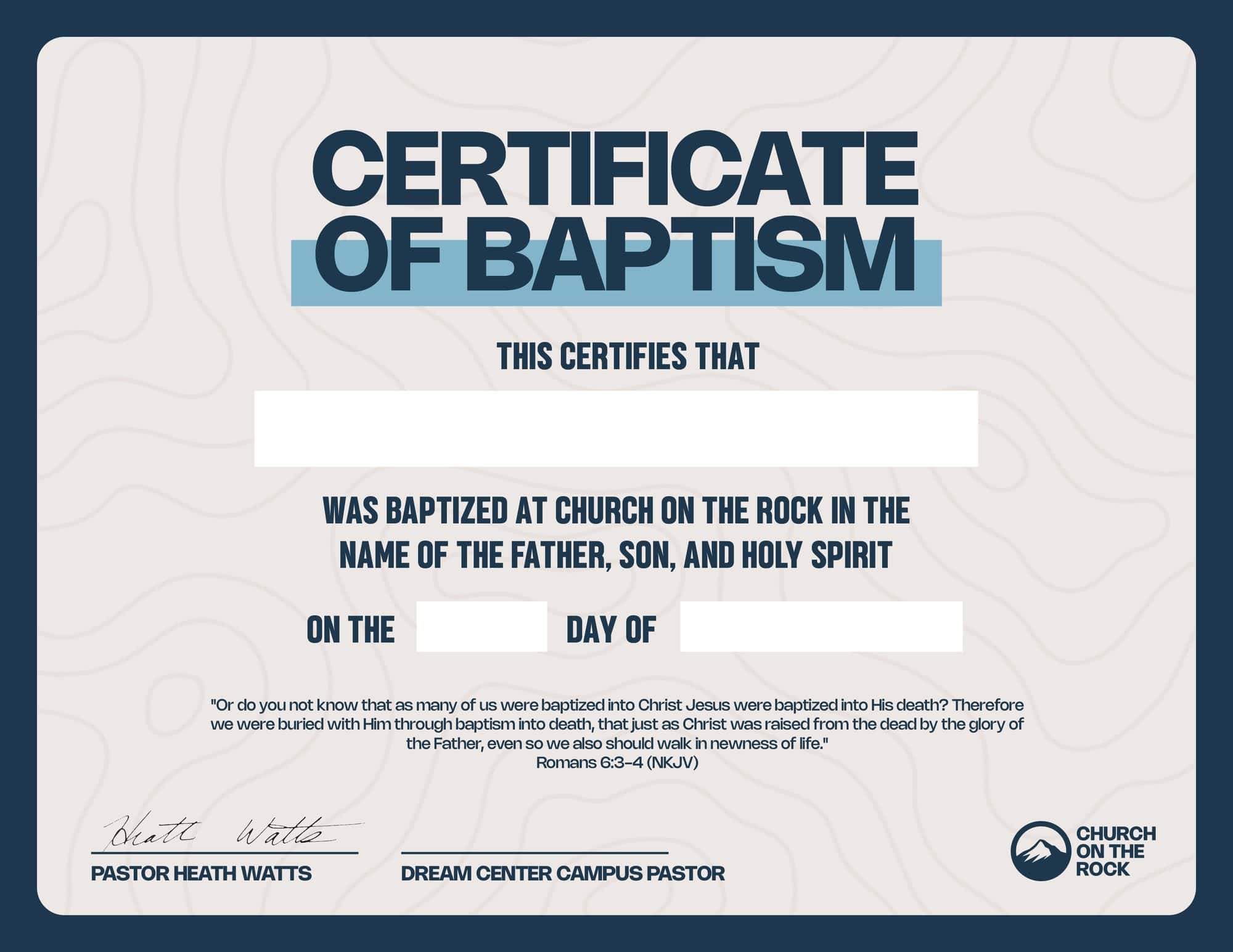 Baptism New Branding Flyer Single Sided, church design work for Church on the Rock