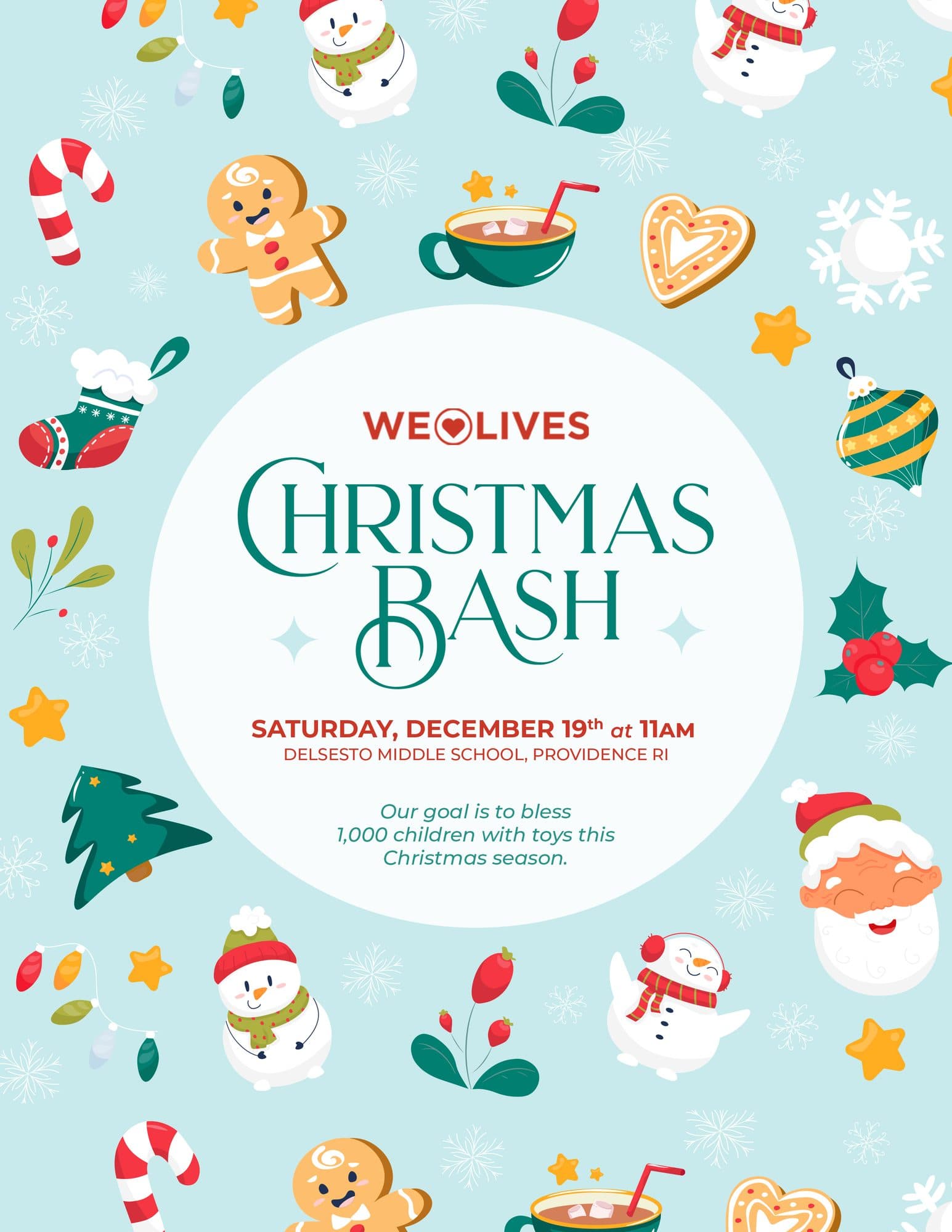 A printed 8.5 by 11 Christmas Bash flyer on pale blue, ringed with illustrated candy canes, snowmen and gingerbread, reading Saturday, December 19th at 11am at Delsesto Middle School in Providence, Rhode Island.