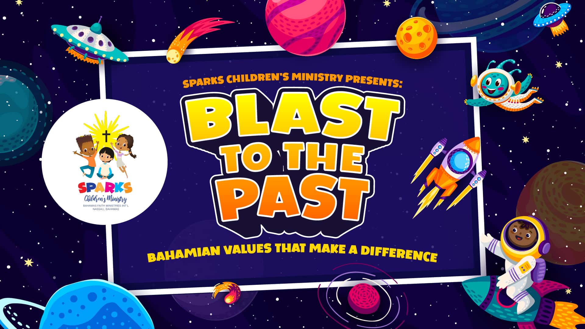 VBS Sunday Blast to The Past Welcome Slides Slides, church design work for Bahamas Faith Ministries
