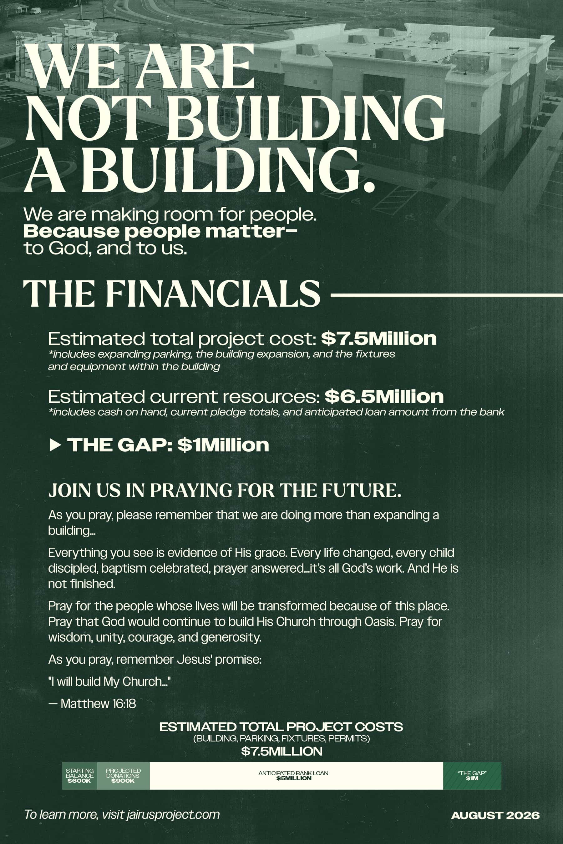 August 16 Prayer Walk Future Building Jairus Project Postcard, church design work for Oasis Church