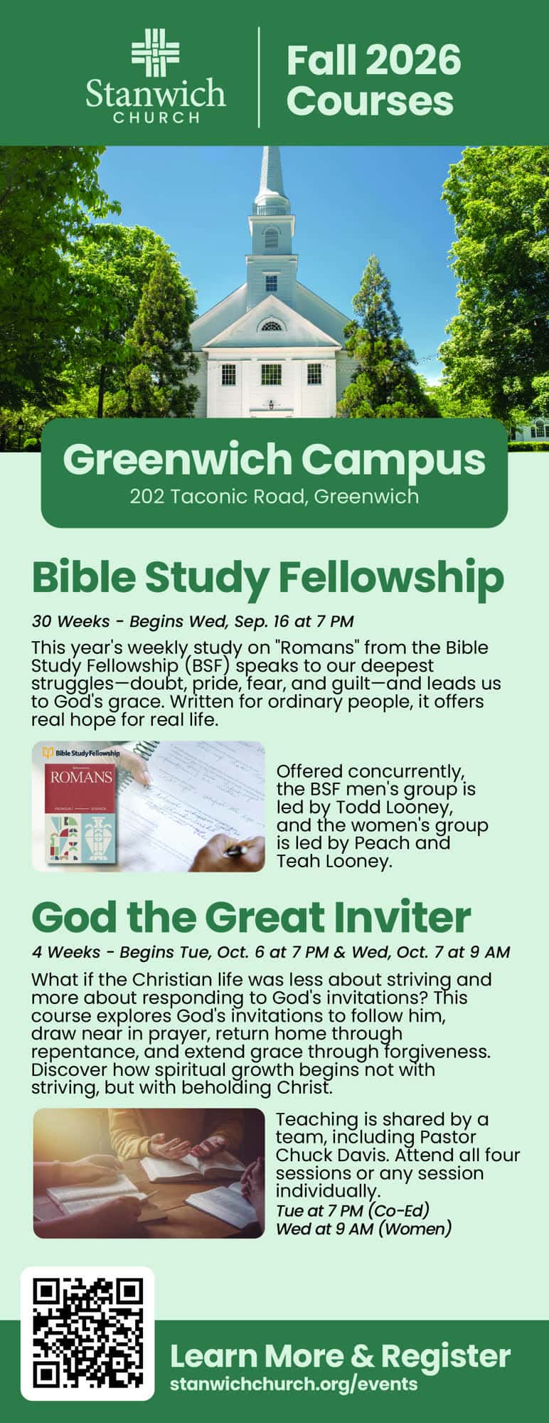 Fall Discipleship Courses Flyer, church design work for Stanwich Church