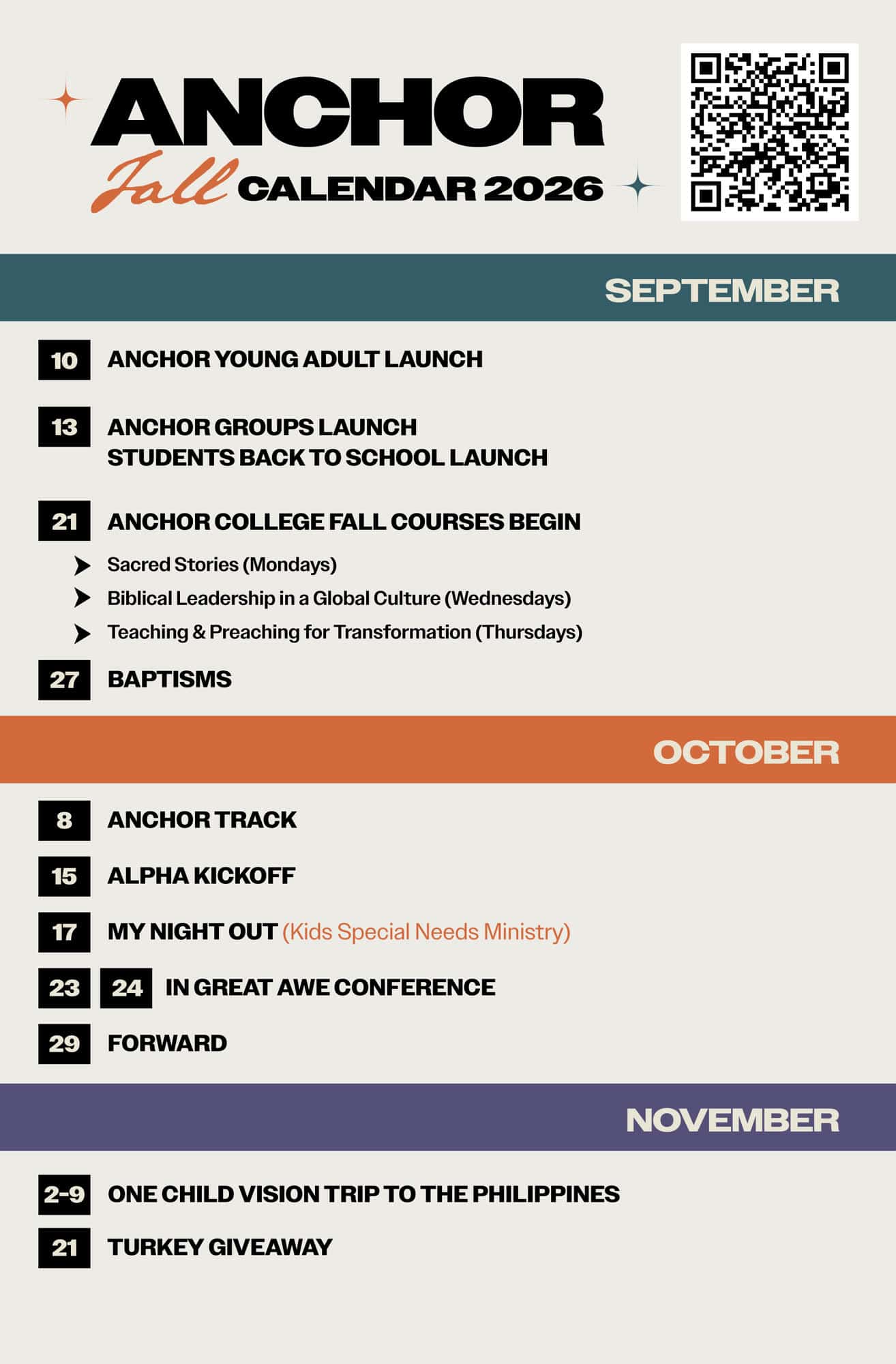 Anchor Central Fall Calendar Poster, church design work for Anchor Church