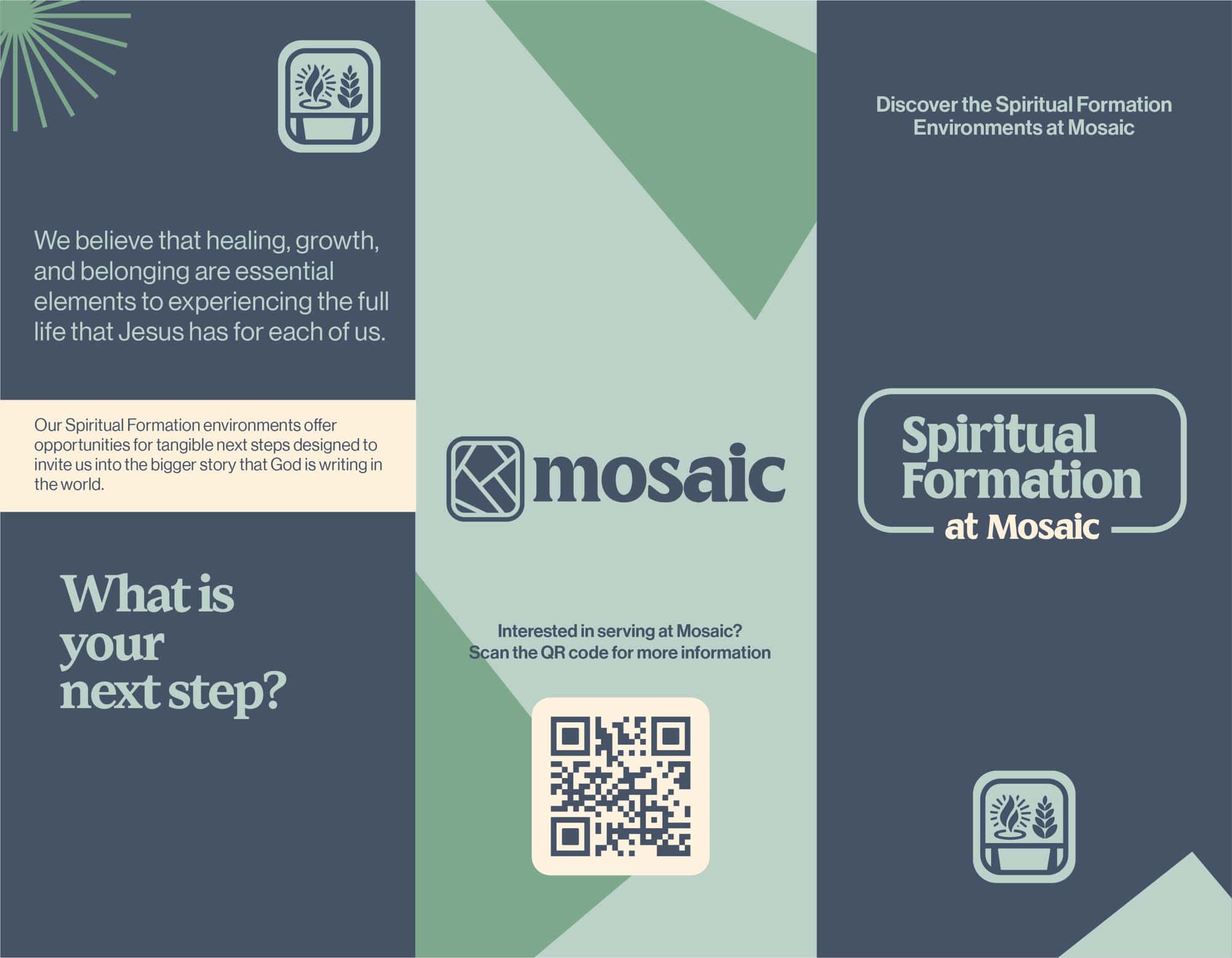 Spiritual Formation Trifold Brochure, church design work for Mosaic