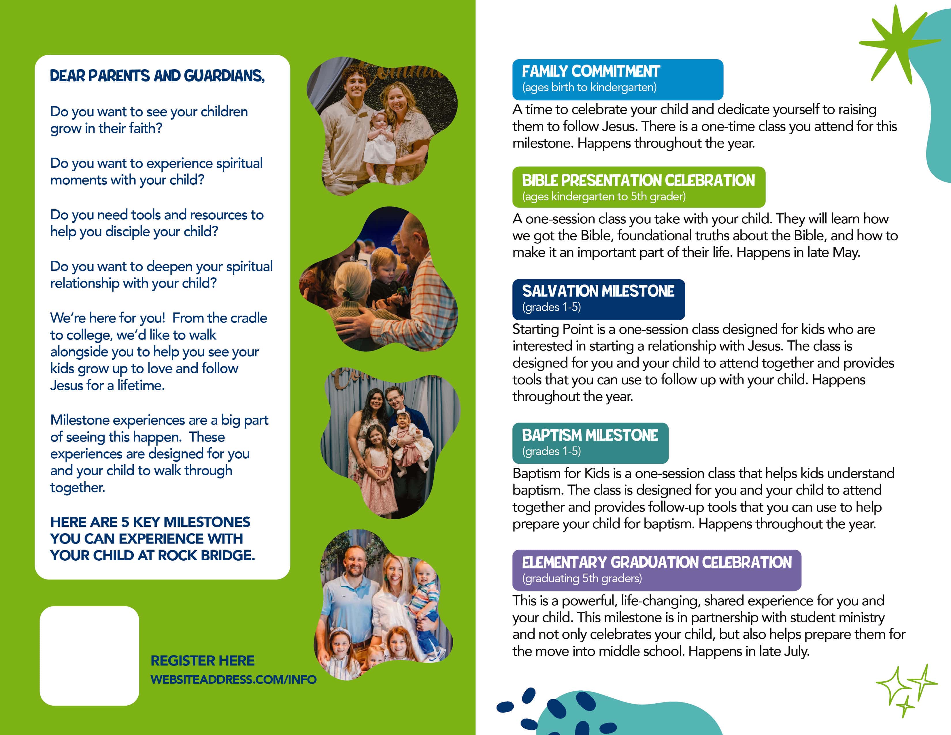Family Milestone Booklet Brochure, church design work for Rock bridge Community Church