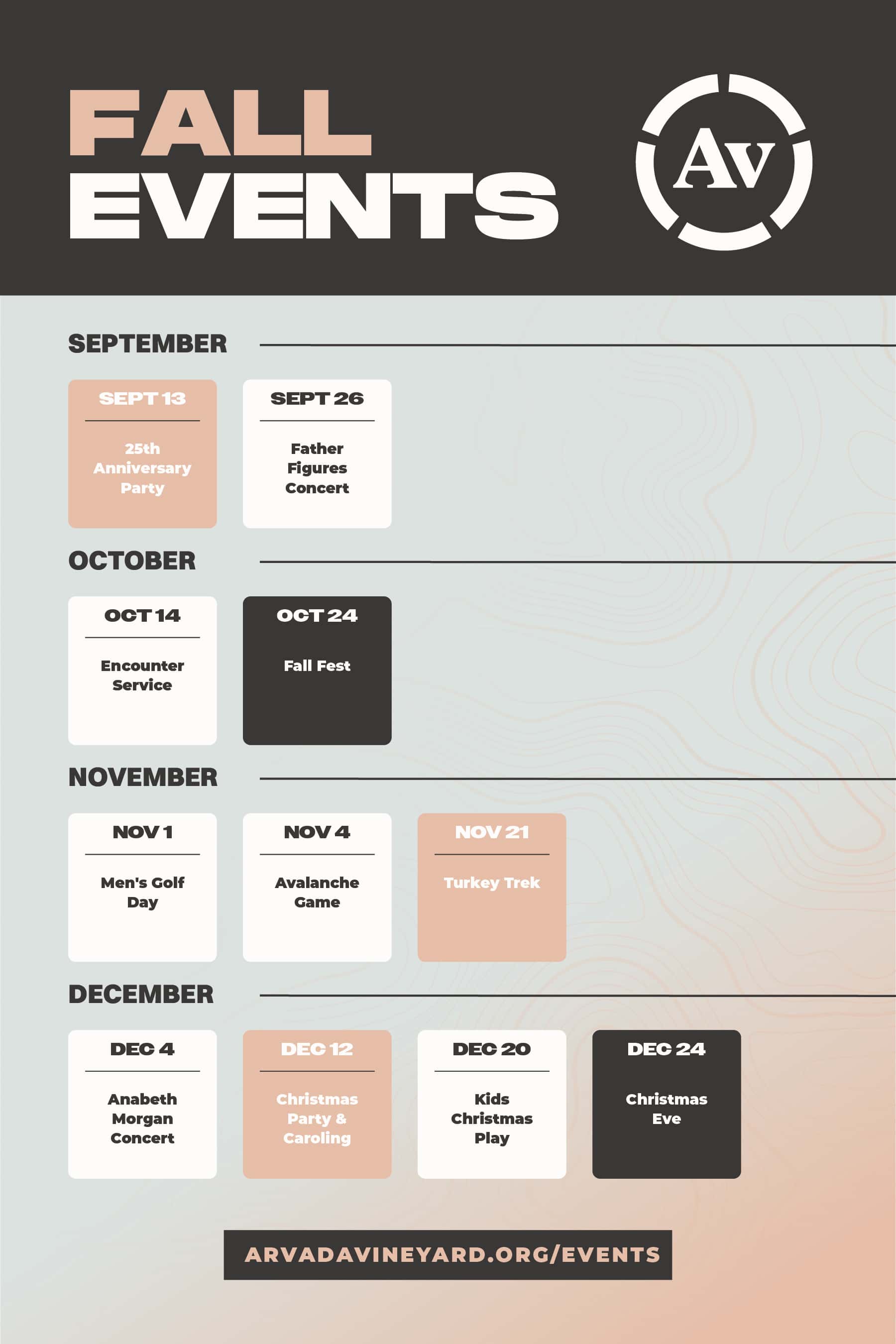 Fall Events Flyer, church design work for Arvada Vineyard